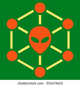 Alien Network vector icon. Style is flat bicolor orange and yellow symbol, rounded angles, green background.