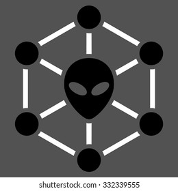 Alien Network vector icon. Style is flat bicolor black and white symbol, rounded angles, gray background.
