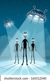 Alien newcomers and flying saucers UFO with bright light. Eps10 vector illustration