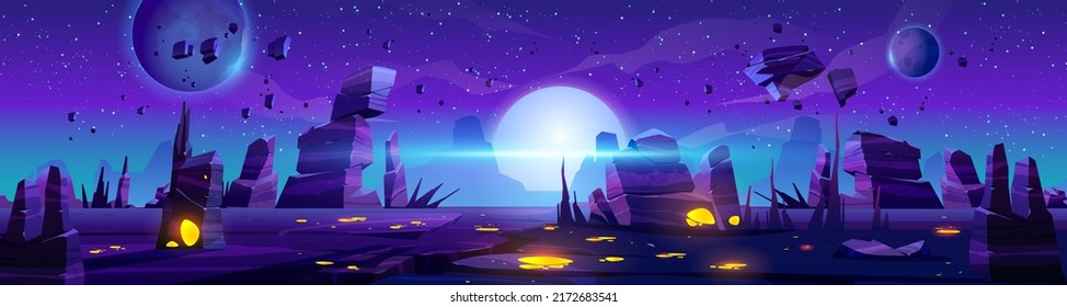 Alien night planet landscape, space game panoramic background with flying rocks, planets in stars in dark sky. Extraterrestrial glowing liquid plasma spots in cracked land, Cartoon vector illustration