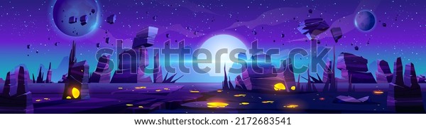 Alien night planet landscape, space game\
panoramic background with flying rocks, planets in stars in dark\
sky. Extraterrestrial glowing liquid plasma spots in cracked land,\
Cartoon vector\
illustration