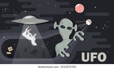 An alien observes the abduction of a UFO cow against the background of the night starry sky, flat children's doodles