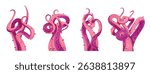 Alien octopus pink tentacles with suckers curved shape set vector illustration. UFO underwater monster arm giant ocean seafood space galaxy horror squid wild creature Halloween decorative element