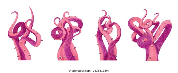 Alien octopus pink tentacles with suckers curved shape set vector illustration. UFO underwater monster arm giant ocean seafood space galaxy horror squid wild creature Halloween decorative element