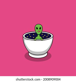 Alien On Cup of Coffee Space Cartoon Vector Icon Illustration. Space Icon Concept Isolated Premium Vector. Flat Cartoon Style