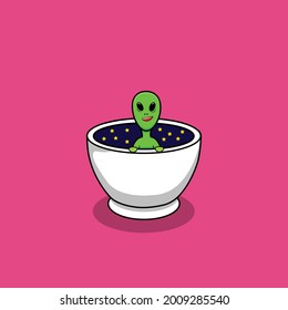 Alien On Cup of Coffee Space Cartoon Vector Icon Illustration. Space Icon Concept Isolated Premium Vector. Flat Cartoon Style