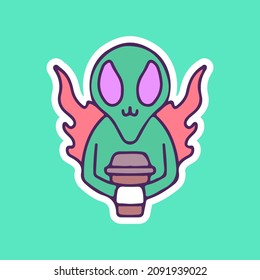 Alien on fire holding coffee cup. illustration for t shirt, poster, logo, sticker, or apparel merchandise.