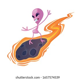 Alien on meteorite flat cartoon vector illustration. Entertaining extraterrestrial, flying martian. Ready to use 2d character template for commercial, animation, printing design. Isolated comic hero