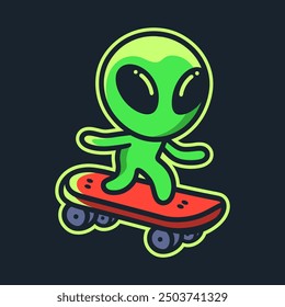 alien on a skateboard cartoon vector illustration, mascot logo