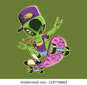 an alien on a skateboard wearing a hat