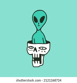 Alien on skull head, illustration for t-shirt, sticker, or apparel merchandise. With retro cartoon style.