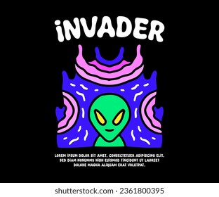 Alien on space background with invader typography, illustration for logo, t-shirt, sticker, or apparel merchandise. With doodle, retro, groovy, and cartoon style.