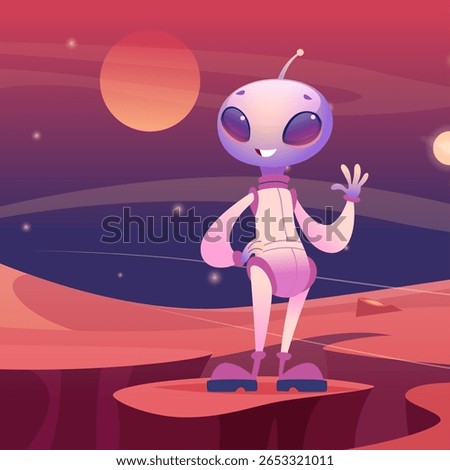 Alien on space. wave hand character standing on planet