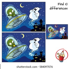 Alien on a UFO and ghost. Find 10 differences. Educational game for children. Cartoon vector illustration.