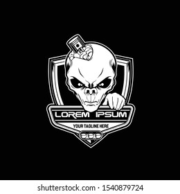 alien with an open brain and a piston black and white vector automotive logo template