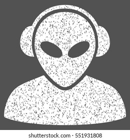 Alien Operator grainy textured icon for overlay watermark stamps. Flat symbol with unclean texture. Dotted vector white ink rubber seal stamp with grunge design on a gray background.
