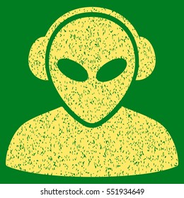 Alien Operator grainy textured icon for overlay watermark stamps. Flat symbol with dust texture. Dotted vector yellow ink rubber seal stamp with grunge design on a green background.
