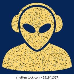 Alien Operator grainy textured icon for overlay watermark stamps. Flat symbol with dirty texture. Dotted vector yellow ink rubber seal stamp with grunge design on a blue background.