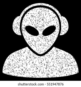 Alien Operator grainy textured icon for overlay watermark stamps. Flat symbol with dirty texture. Dotted vector white ink rubber seal stamp with grunge design on a black background.
