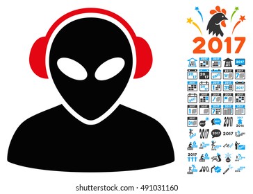 Alien Operator icon with 2017 year bonus vector pictograms. Set style is flat symbols, white background.