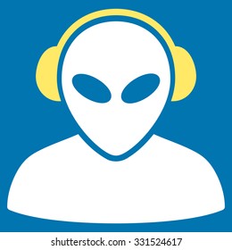 Alien Operator vector icon. Style is flat bicolor yellow and white symbol, rounded angles, blue background.
