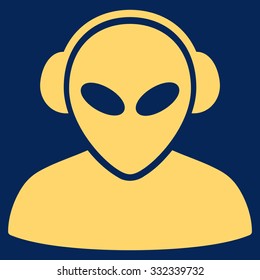 Alien Operator vector icon. Style is flat yellow symbol, rounded angles, blue background.