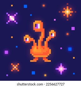 Alien in outer space. Cute monster in pixel art, 8 bit retro style vector illustration