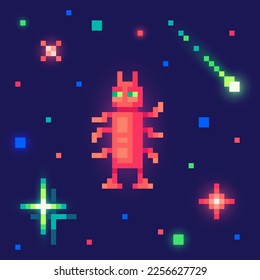 Alien im Weltraum. Cute Monster in Pixelkunst, 8-Bit-Vektorgrafik im Retro-Stil