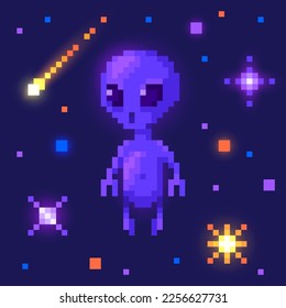 Alien in outer space. Cute monster in pixel art, 8 bit retro style vector illustration