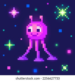 Alien in outer space. Cute monster in pixel art, 8 bit retro style vector illustration