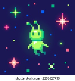 Alien in outer space. Cute monster in pixel art, 8 bit retro style vector illustration