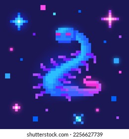 Alien in outer space. Cute monster in pixel art, 8 bit retro style vector illustration