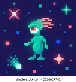 Alien in outer space. Cute monster in pixel art, 8 bit retro style vector illustration