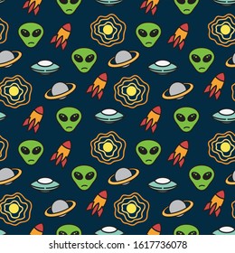 Alien and outer space doodle seamless pattern, with cartoon style and funny look. Good for kids. 