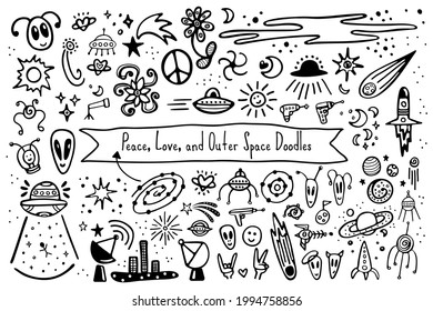 Alien Outer Space Doodles. Handmade Drawing Icons Set. Peace and Love Shapes and Symbols. Spaceships, Stars, Planets, Rockets, Hearts.