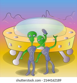 Alien From Outer Space and Flying Saucer Vector Illustration