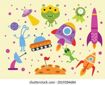 Alien and outer space hand drawn Doodle cartoon set of objects and symbols