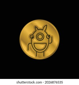 Contorno de Alien En un círculo icono metálico chapado en oro o vector de logotipo