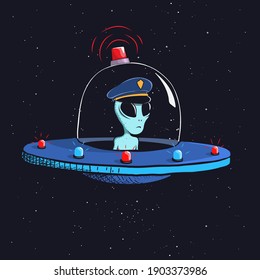 Alien patrulla el espacio en un platillo volador. Ilustración vectorial