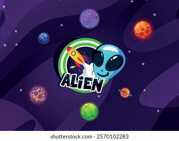 An alien peeping out from a charming cloud, adorned with lively and dynamic typography, The drawing intended for the logo, the t-shirt, sticker or merchandise for clothing.