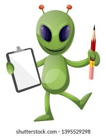Alien with pencil and notebook, illustration, vector on white background.