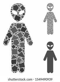 Alien person mosaic of trembly parts in various sizes and color tinges, based on alien person icon. Vector uneven parts are united into collage. Alien person icons collage with dotted pattern.