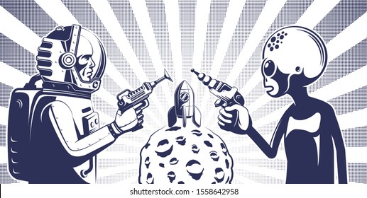 Alien with phaser against an astronaut in spacesuit with laser gun. Retro poster. Vector illustration.