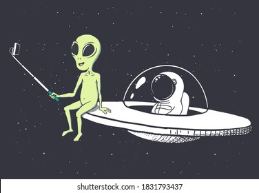 Alien photographs himself and astronaut on flying saucer.Vector illustration