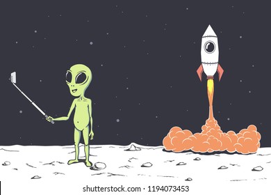 alien photographs himself on Moon against the background of a rocket .Space theme.Vector illustration