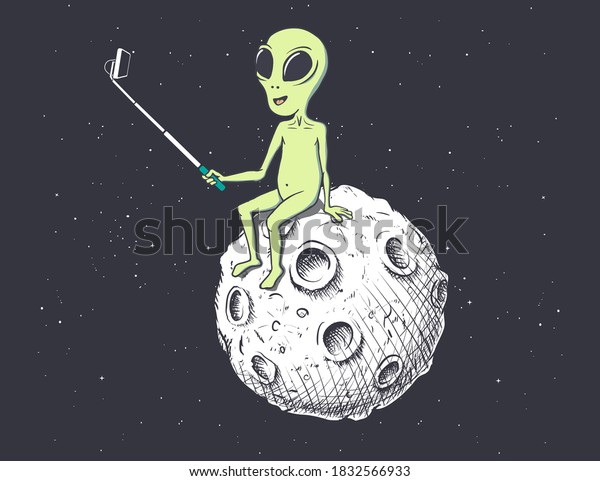 Alien photographs himself on Moon.Vector illustration