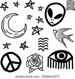 Alien pigeon stars moon peace sign tear eyes rose dove handwritten raw line icon sheet pack 