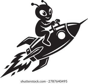 Alien pilot riding a classic rocket ship