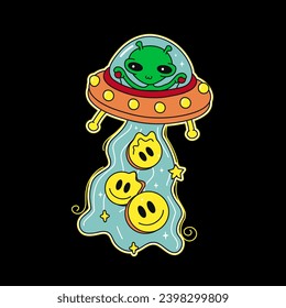 Alien piloting a spaceship and engulfing smile emojis inside. Cartoon doodle vector illustration design