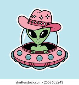 Alien in Pink Cowboy Hat Flying a Spaceship Illustration